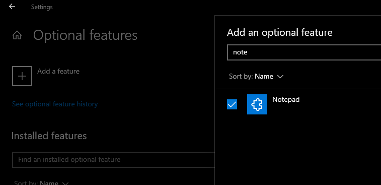 notepad optional features windows10